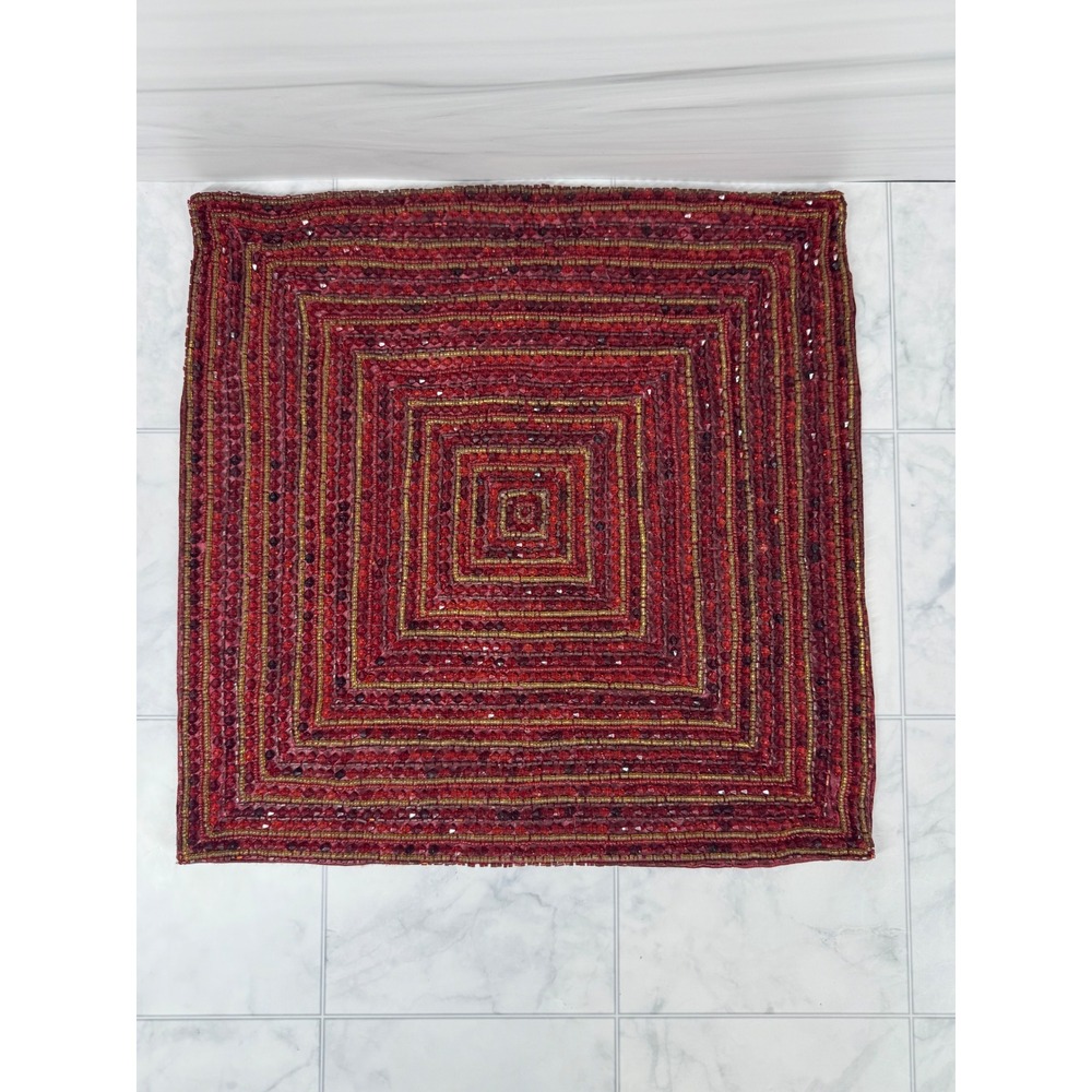 Hand Beaded Square Pillow Cover Red Burgundy Gold Geometric 13.5in EUC